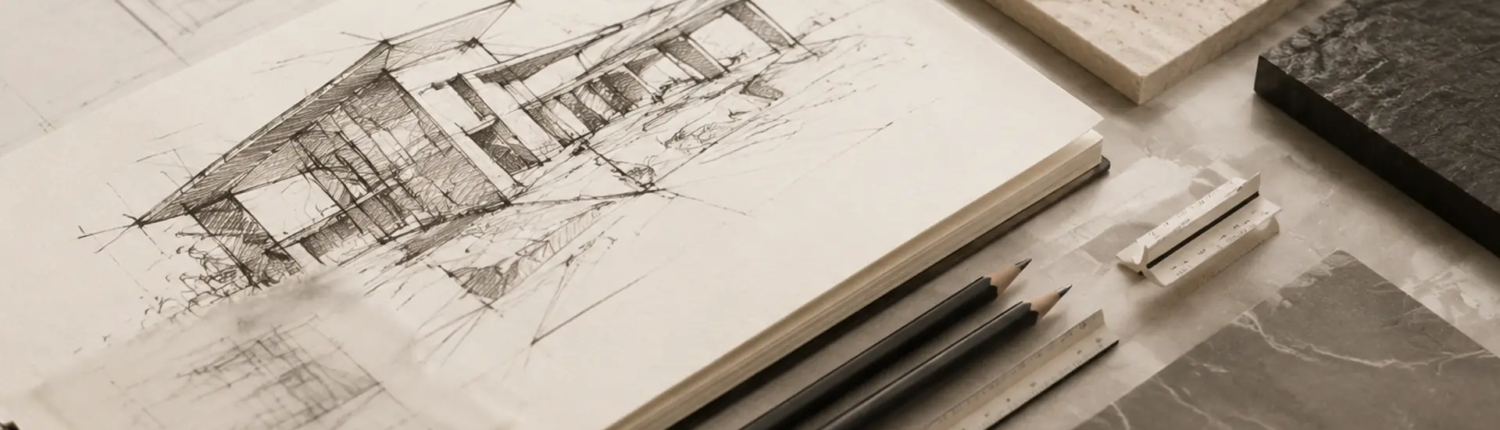 Architectural concept sketch and material samples for early-stage planning
