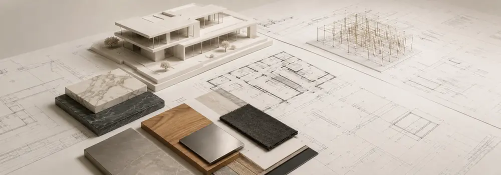 Architectural model, floor plans and material samples used in the PNZPlus design process